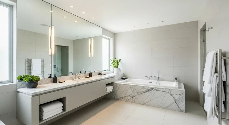 Baño contemporáneo — sanitarios suspendidos y mampara a medida