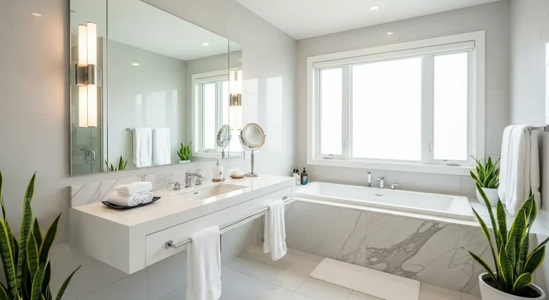 Reforma de baño con bañera exenta y revestimiento de piedra