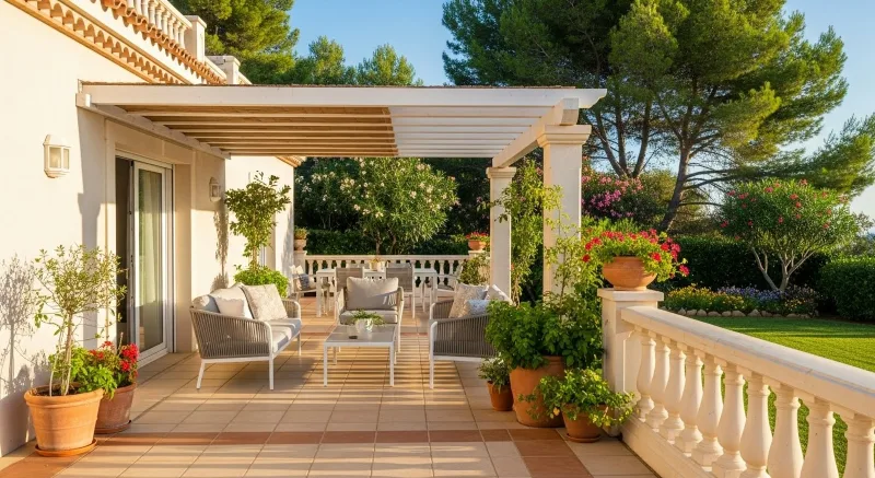 Reforma de terraza exterior — solería nueva y pérgola